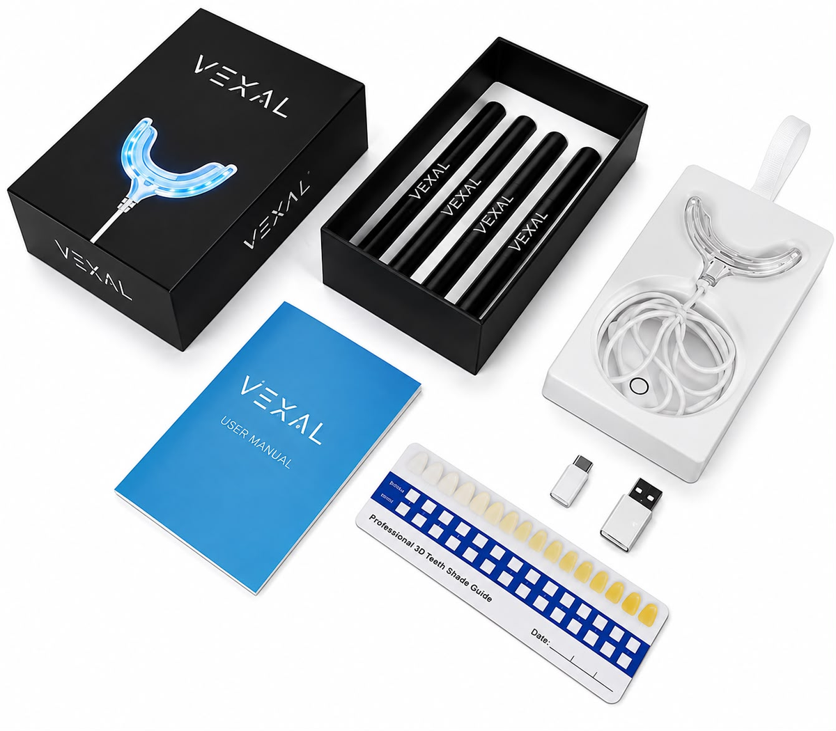 VEXAL Teeth Whitening LED Kit — אריזת מתנה יוקרתית עם 4 עטי ג'ל
